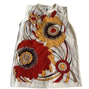 Vintage 1980s top sleeveless white red gold-yellow brown floral Medium